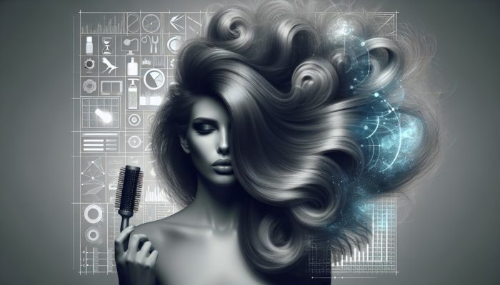 Woman with voluminous hair using round brush, blow dryer, volumizing shampoo, and conditioner for fullness and thickness.