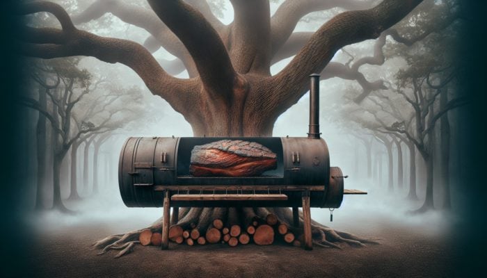 Hickory tree in a smoky forest, wood fueling a rustic smoker for bold brisket.