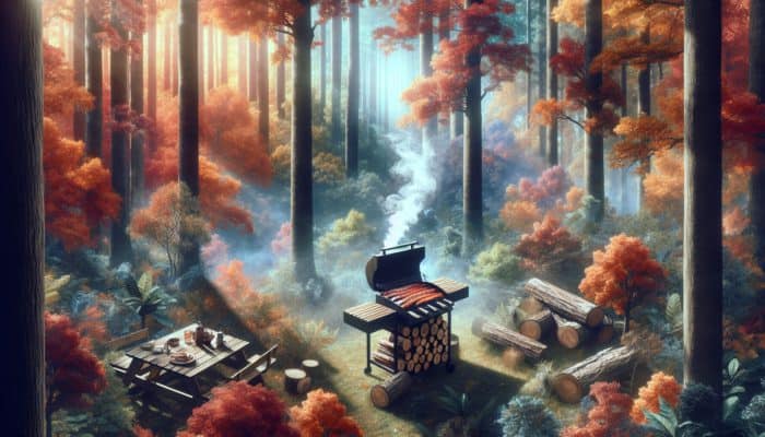A Southeast US forest with vibrant autumn hickory trees and a rustic barbecue using hickory logs.
