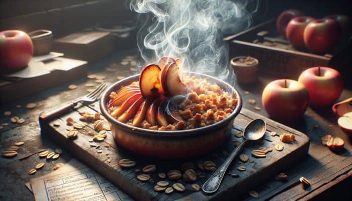 Smoked apple crisp showcasing caramelized apples topped with a crunchy oat layer in a rustic dish.