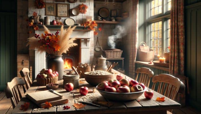 Fresh apples, oats, and smoking wood chips arranged on a wooden table with autumn leaves and a fireplace in the backdrop.