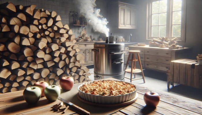 Hickory and applewood logs placed near a smoker, enriching the flavour of apple crisp with oat topping.