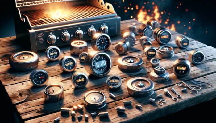 Different grill timers on a wooden table: mechanical with dials, digital with countdown features, and magnetic backs, next to a lit barbecue grill.