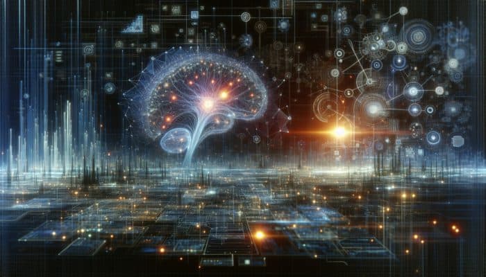 Utilise AI to Improve Meta Descriptions: A futuristic digital landscape with AI and SEO merging, showcasing neural networks and search algorithms enhancing visibility through data analytics and predictive trends.