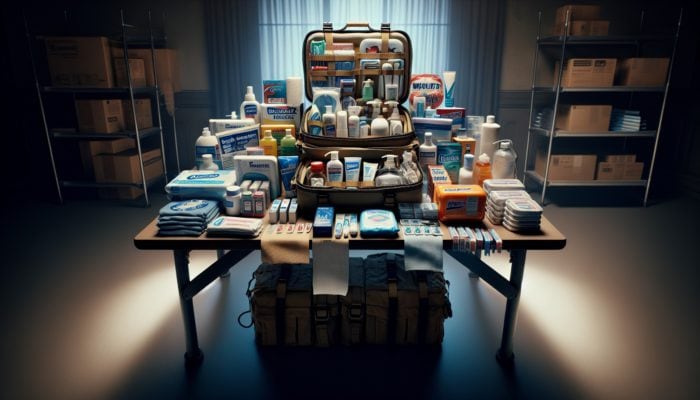 An emergency kit with toothpaste, soap, sanitizer, and wipes on a table in a dimly lit room.