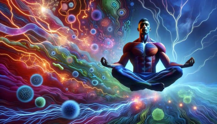 Athlete meditating in abstract gut microbiome landscape, symbolising mental clarity via probiotics.