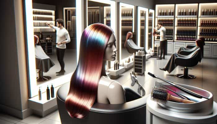 Individual showcasing vibrant, glossy hair in a chic salon setting, highlighting the transformative benefits of hair gloss.