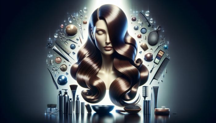 Woman showcasing glossy, salon-quality hair in luxurious waves within a professional salon environment, surrounded by hair care products.