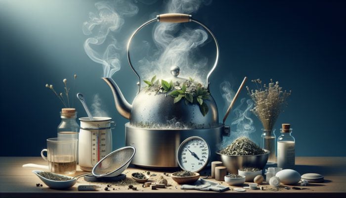 A serene kitchen scene with herbs steeping in boiling water, cooling for a baby's safety.