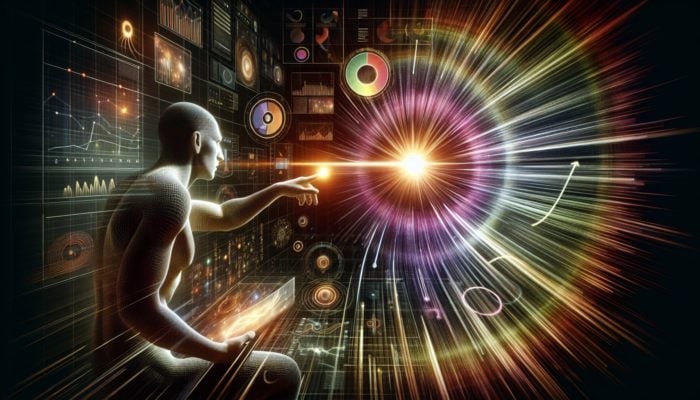 A person captivated by a colourful narrative on a screen, with rising engagement metrics and search rankings.