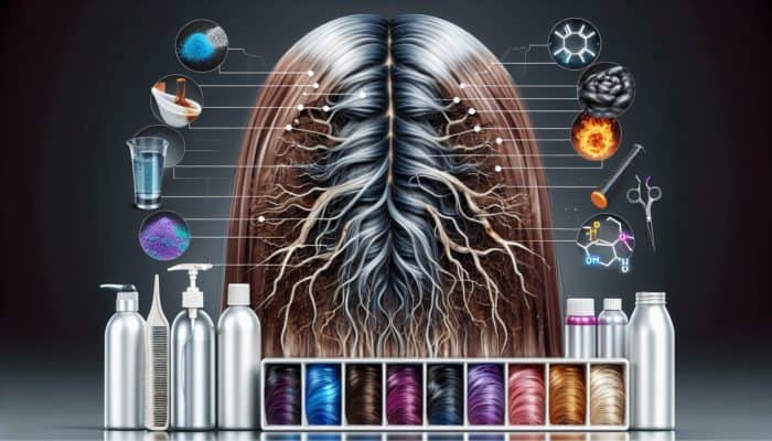 Damaged colour-treated hair strands showing signs of brittleness and breakage, surrounded by dye bottles, heat tools, and symbols of UV rays and pollution.
