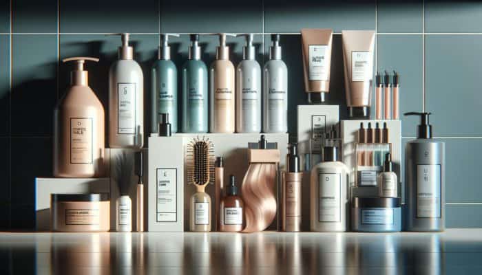 A selection of hair care products on a shelf, enhancing the shine and health of colour-treated hair.