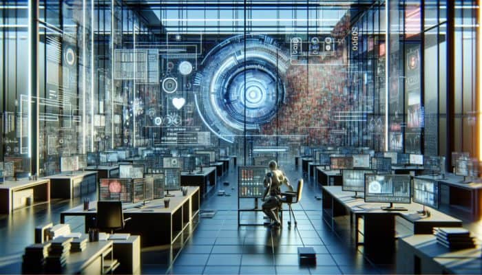 AI in a futuristic lab analysing SERP data, showcasing biases in graphs while struggling with human emotions and cultural contexts.