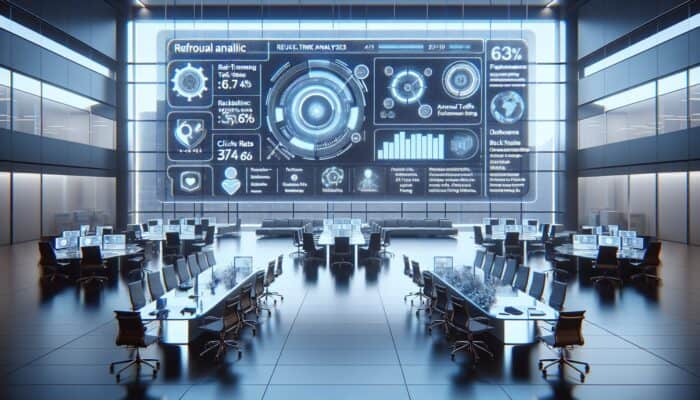 A modern dashboard showcasing real-time forum link analytics in a contemporary office.