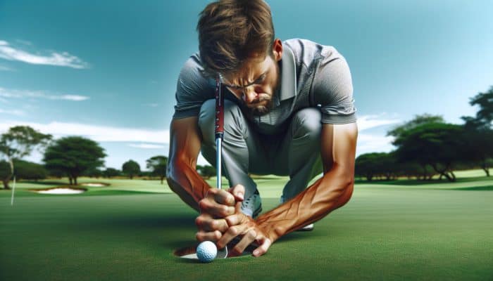South African golfer on green course, struggling with yips, showing frustration and diminished confidence.