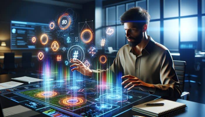 A digital marketing specialist analysing trending hashtags on a futuristic screen with SEO graphs and vibrant data visualisations in a contemporary office.