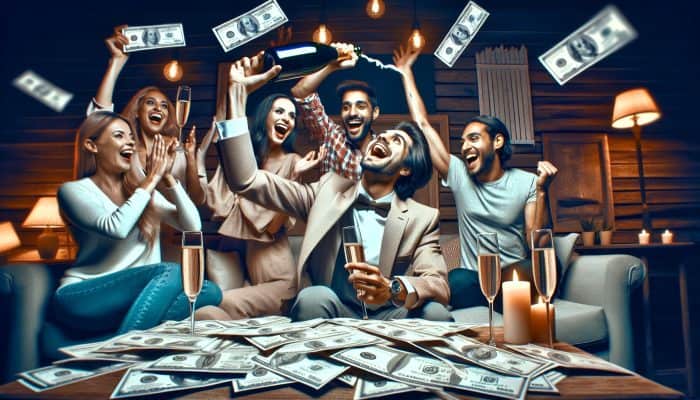 How to Track Debt Consolidation Progress: UK Guide | DCL Person celebrating debt milestone with champagne, surrounded by paid bills and cheering friends in a cozy living room.