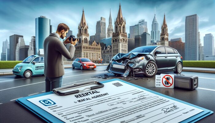 Individual documenting damage to a rental car with an agreement and emergency contacts in an international city.