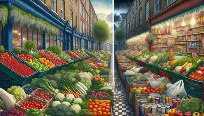 Affluent UK neighborhoods with fresh produce markets versus food deserts with processed foods in lower socioeconomic areas.