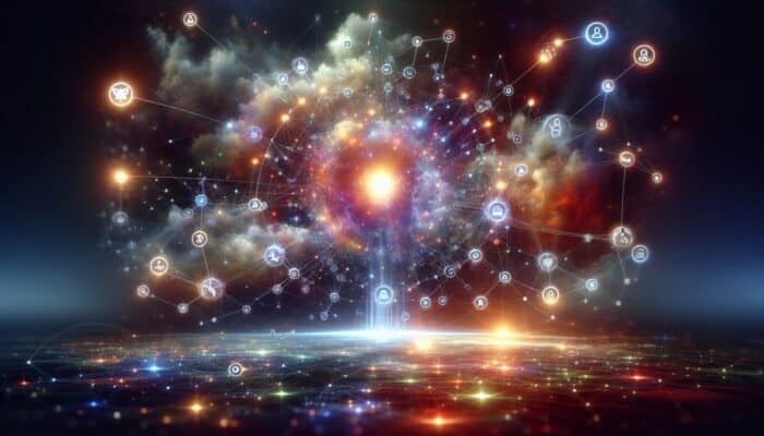 A glowing central website surrounded by interconnected nodes and social media icons, representing enhanced SEO authority in the supplement market.