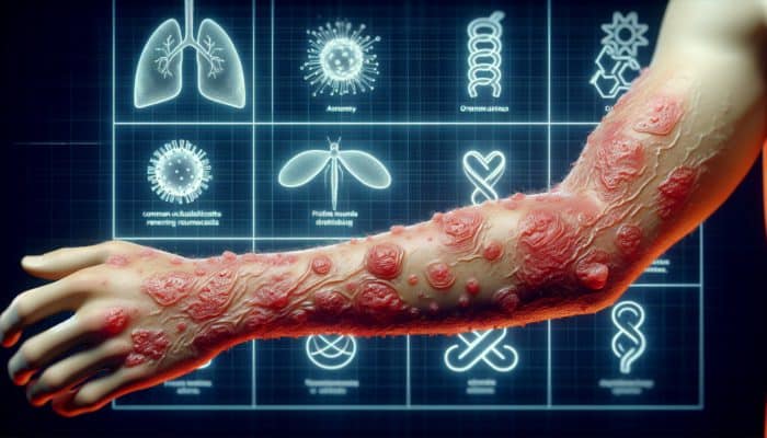 Natural Remedies for Eczema with Herbs: Close-up of an arm showcasing dry, red, inflamed eczema patches, with visible symbols representing pollen and stress.