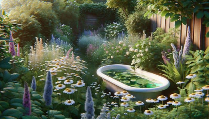 A tranquil UK garden showcasing labelled chamomile, calendula, oat straw, and liquorice root beside a soothing herbal bath.