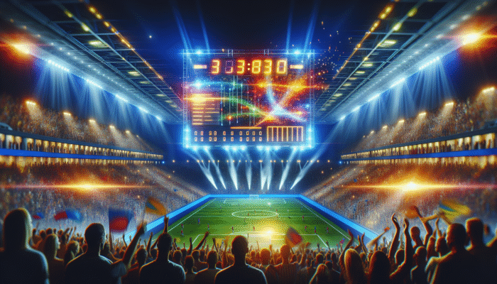 A vibrant sports stadium featuring an illuminated scoreboard that displays real-time scores, player statistics, and game timelines.