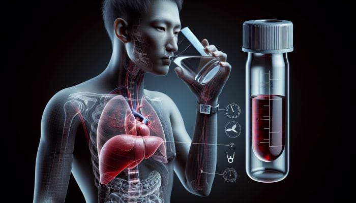Person drinking water, holding a clock at 12 hours, with liver diagram and blood test vial, preparing for liver blood test.