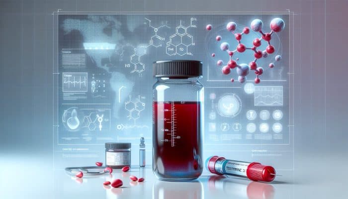 Testosterone Blood Test in Oldham: A medical illustration of a testosterone blood test with vials, hormone molecules, and graphs in a clinical setting.