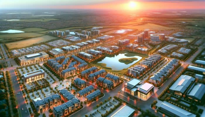 Aerial view of Langenhoven Park at sunset, highlighting upscale neighborhoods and amenities.