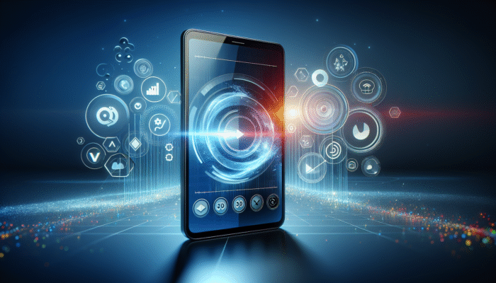 A smartphone screen with a video, surrounded by optimisation icons and graphs on a modern background.