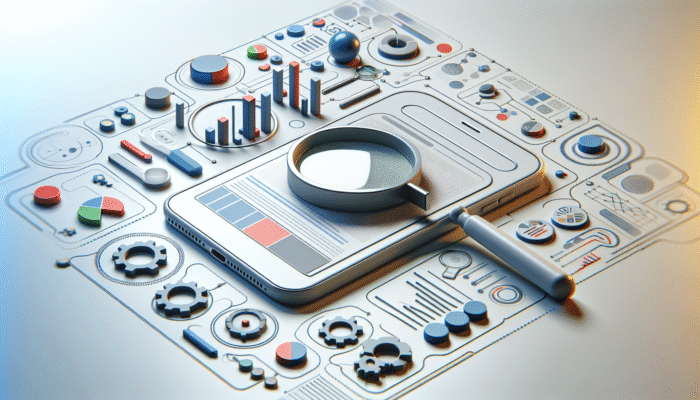 Smartphone displaying search results featuring optimised title tags, with magnifying glasses and graphs for mobile search optimisation.