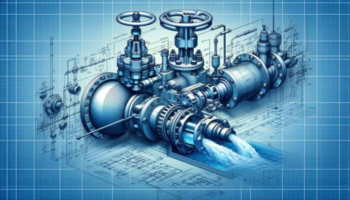 Water Valve Replacement Services in West End Vancouver: Cross-section of ball, gate, and globe valves in a modern plumbing system on a blueprint background.