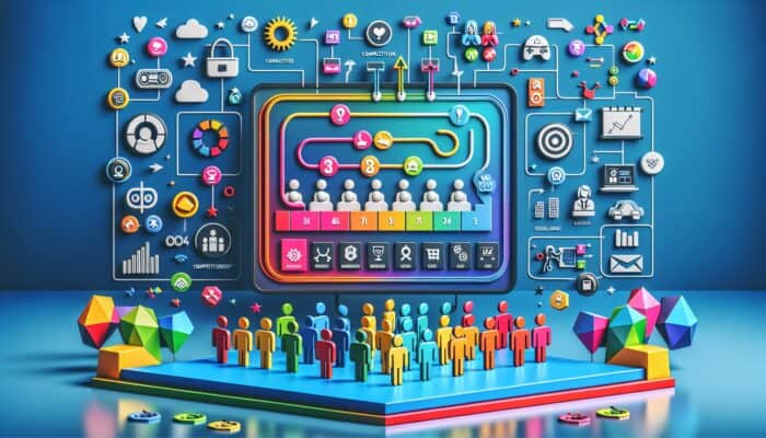 A vibrant digital interface featuring a leaderboard, rewards, and hosts engaged in playful competitions, enhancing loyalty through gamification.