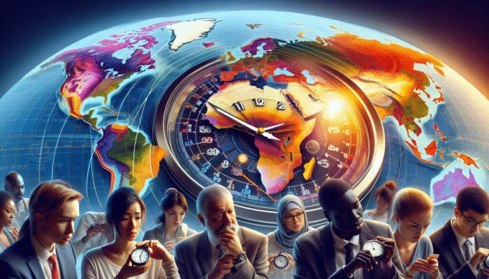 World map illustrating time zones with clocks changing for Daylight Saving Time, confused travellers checking their watches.