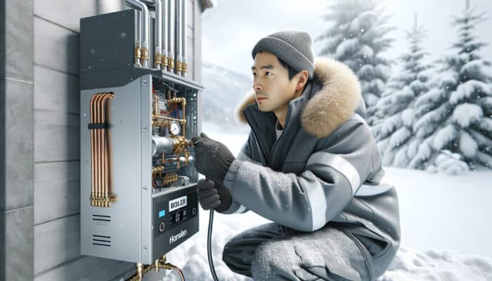 Boiler Services in Whistler: A technician servicing a modern boiler in snowy Whistler, ensuring home comfort and safety.