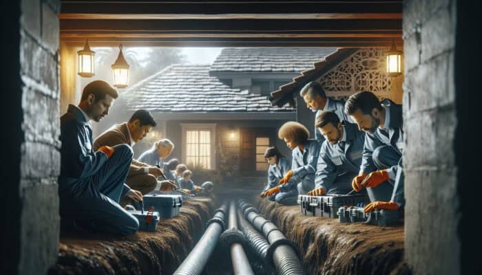 A team of experts inspecting a damp crawl space in Mission to enhance drainage efficiency.