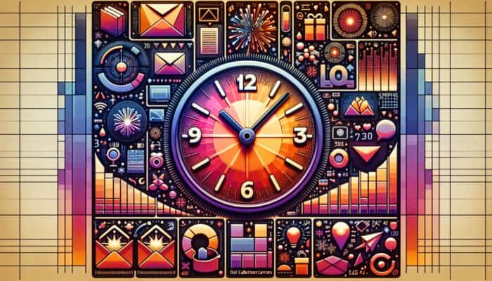 A digital clock indicating mid-morning, surrounded by opened emails, festive symbols, and engagement metrics.