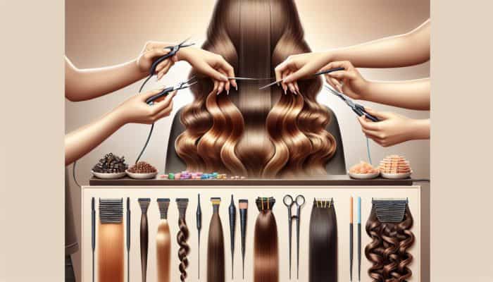 Choosing Melting Tools for Salon Extensions: Various melting tools in a salon setting for applying hair extensions, showing keratin bonds and tape-ins on diverse hair types.