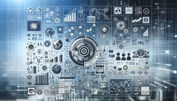 Infographic illustrating components of tech company research: financial performance, products, market trends, featuring icons and graphs on a technology-themed background.