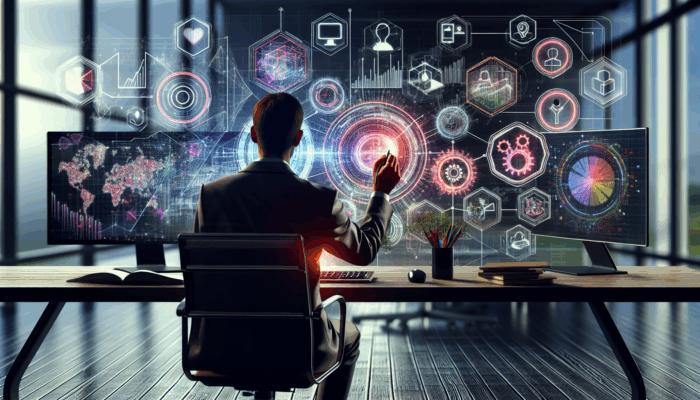 A newcomer in Yate at a desk, planning digital marketing strategies on a screen with charts and graphs.