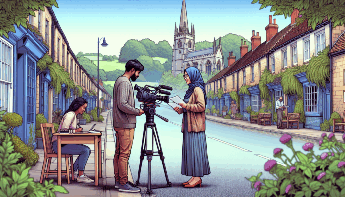 A small business owner filming a promotional video in Wotton-under-Edge, guided by experts amidst charming architecture and greenery.