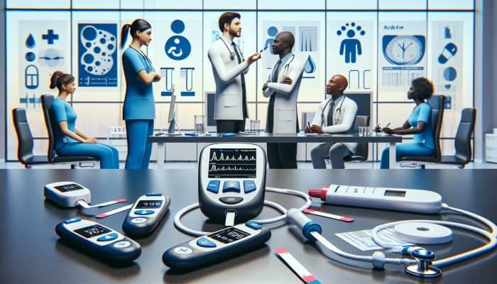 Diabetes Blood Test in Airdrie: Infographic on diabetes blood testing in Airdrie clinic, featuring glucose meters, test strips, and medical staff.