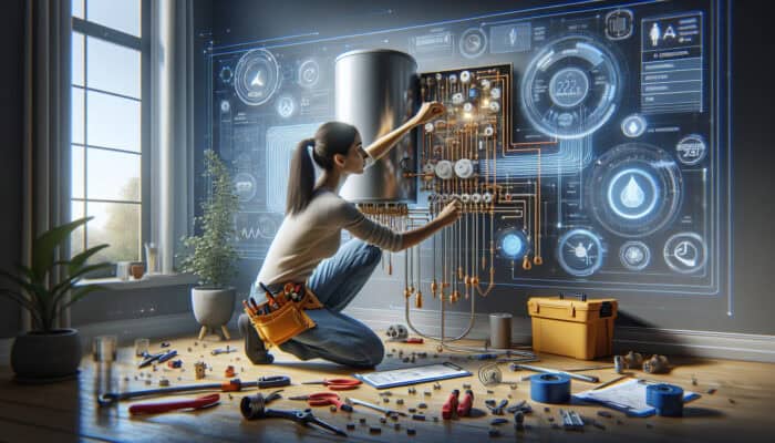 A professional installer connects a hot water tank to electrical and plumbing systems in a modern home.