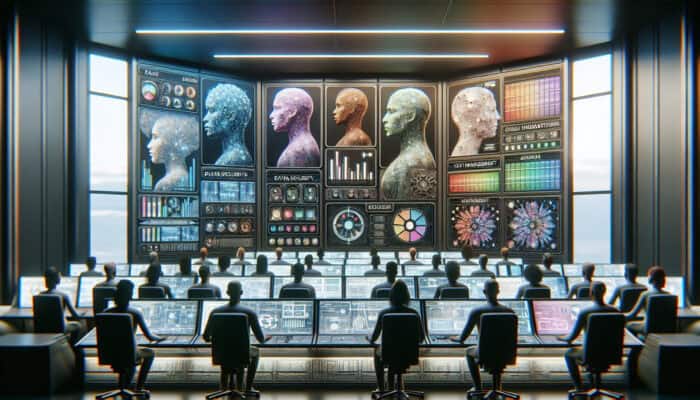 A futuristic control room with humans monitoring automated systems, screens showing cost management and staff training.