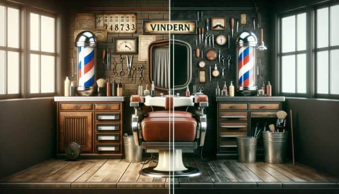 A vintage barber shop with a classic pole next to a modern station, showing barbering evolution.