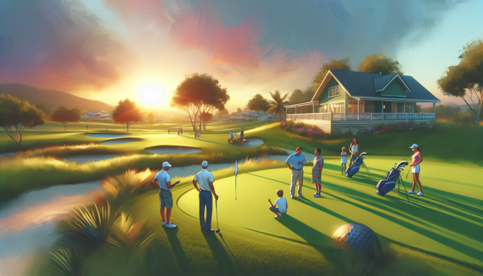 A serene family golf resort at sunset with experts discussing on a green course, children playing, and a cozy clubhouse.