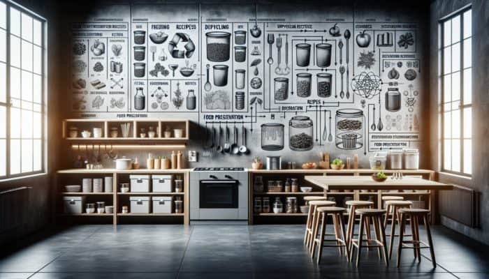 Kitchen scene displaying food scrap storage, upcycling recipes, and preservation methods like freezing, dehydrating, fermenting.