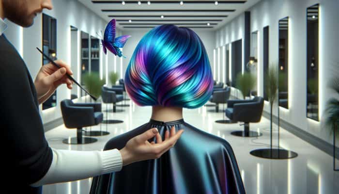 Hairstylist blending electric blue and purple into a layered butterfly bob, creating wing-like gradients in a modern salon.