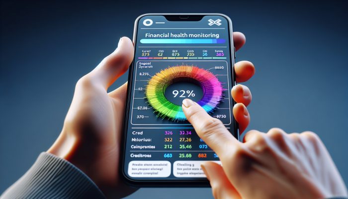 Person using smartphone app to monitor credit score with graphs from Equifax, Experian, TransUnion in the UK.